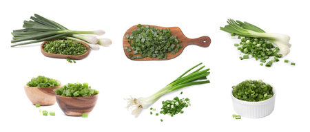 Collage of chopped and whole green onions on white backgroundの写真素材
