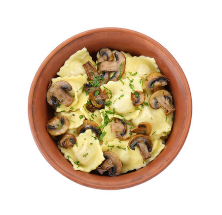 Delicious ravioli with mushrooms isolated on white, top viewの写真素材