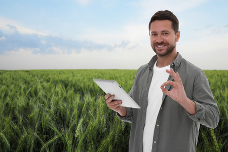 Farmer with tablet computer in field. Harvesting seasonの写真素材