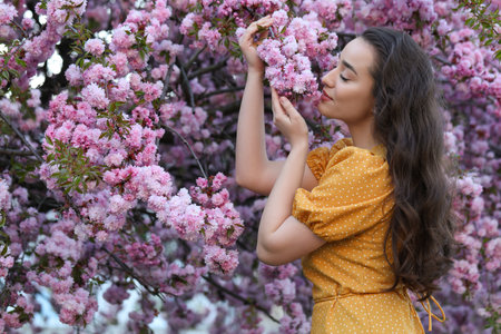 Beautiful woman near blossoming sakura tree on spring day