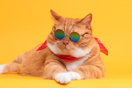 Cute ginger cat in stylish sunglasses and bandana on yellow backgroundの写真素材
