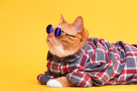 Cute ginger cat in stylish sunglasses and checkered shirt on yellow backgroundの写真素材