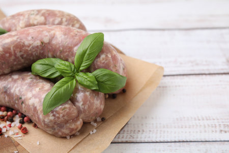 Raw homemade sausages and different spices on white wooden table, closeup. Space for textの写真素材