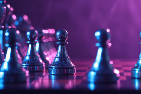 Chess pawn on checkerboard in color light, selective focusの写真素材
