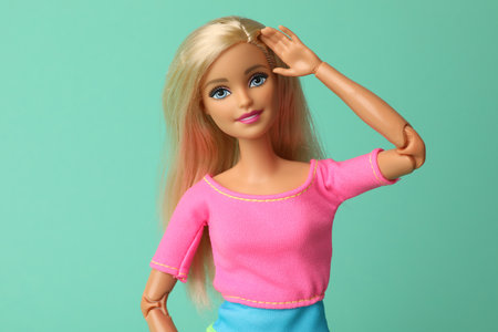 Mykolaiv, Ukraine - September 2, 2023: Beautiful Barbie doll on turquoise background
