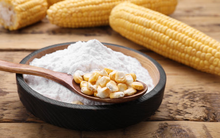 Bowl of corn starch and kernels on wooden table, closeupの写真素材