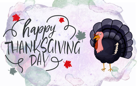Thanksgiving day card design. Text, autumn leaves and turkey on color background, illustration
