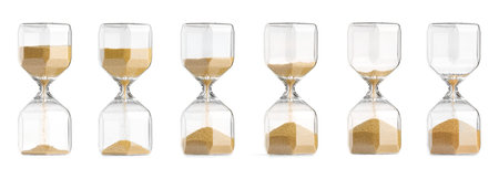 Passage of time. Hourglass with flowing sand on white background, collageの写真素材