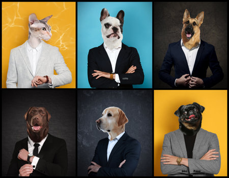Businessmen with faces of different animals on color background. Set of portraitsの写真素材