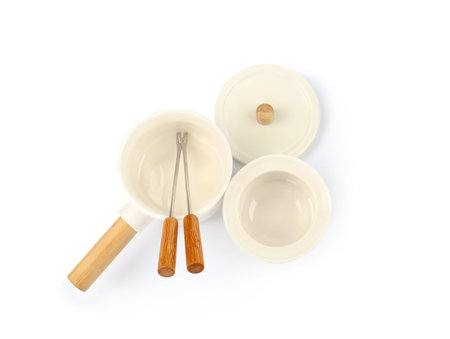 Fondue set isolated on white, top view. Kitchen equipmentの写真素材