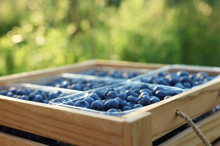 Box of fresh blueberries outdoors, closeup. Seasonal berriesの写真素材