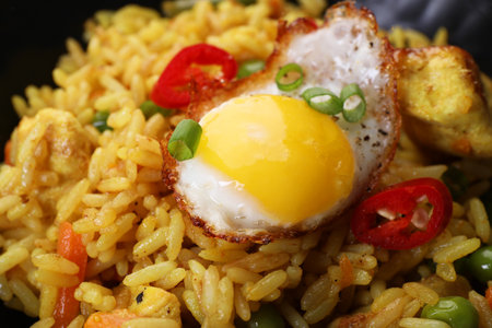 Tasty rice with meat, egg and vegetables in bowl, closeupの写真素材