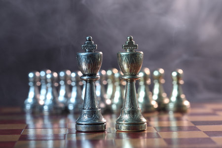Kings in front of pawns on chessboard, selective focus