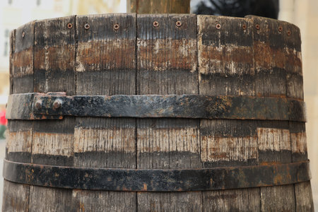 Traditional wooden barrel outdoors, closeup. Wine makingの写真素材