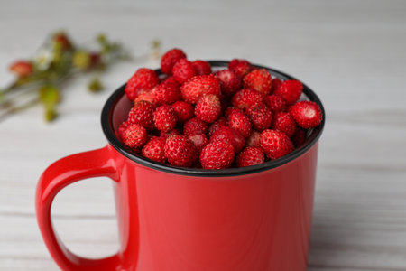 Fresh wild strawberries in mug on white table, closeupの写真素材