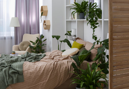 Comfortable bed and different houseplants in bedroom. Interior designの写真素材
