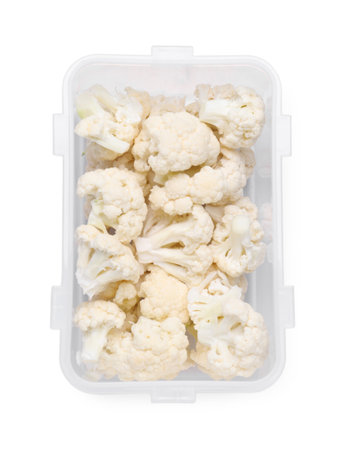 Plastic container with different fresh cut cauliflower isolated on white, top viewの写真素材