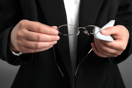 Woman wiping glasses with microfiber cloth on light gray background, closeupの写真素材