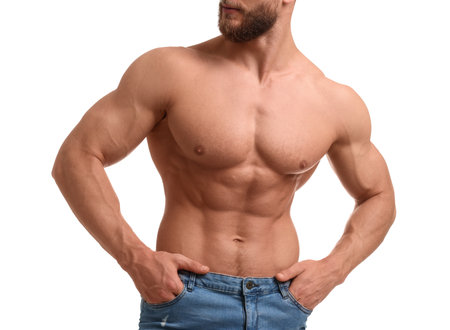 Muscular man showing abs isolated on white, closeup. Sexy bodyの写真素材