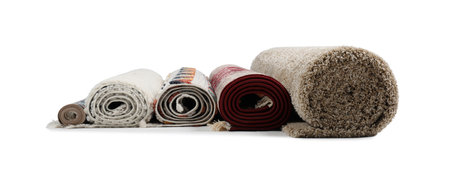 Rolled carpets on white background. Interior elementの写真素材