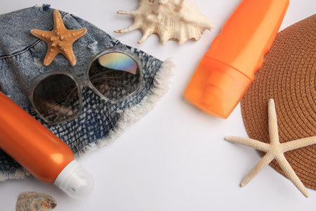 Flat lay composition with bottles of sunscreen on white background. Space for textの写真素材