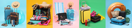 Set with suitcases and beach accessories on different color background
