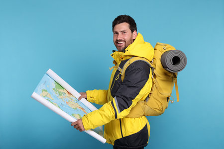 Happy man with backpack and map on light blue background. Active tourism