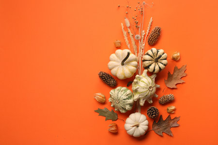 Flat lay composition with different ripe pumpkins on orange background. Space for textの写真素材