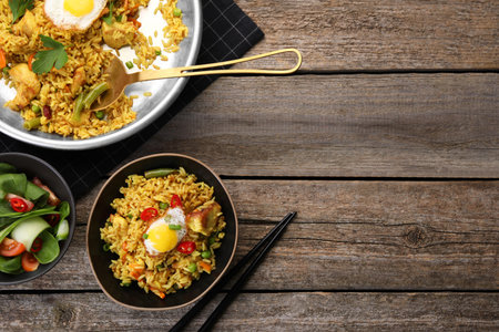 Tasty rice with meat, egg and vegetables in bowl served on wooden table, flat lay. Space for textの写真素材