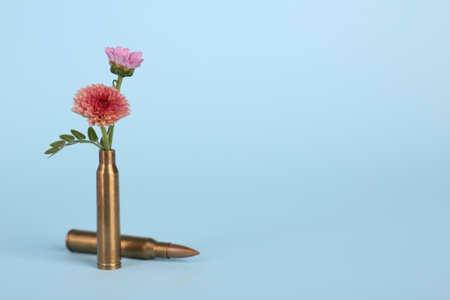 Bullets and beautiful chrysanthemum flowers on light blue background, space for textの写真素材