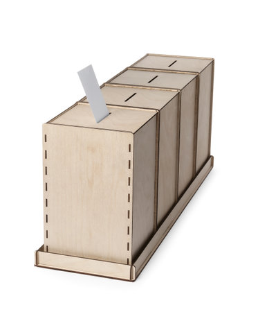 Wooden ballot boxes with vote isolated on whiteの写真素材