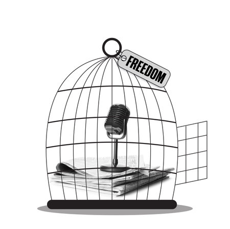 Freedom of speech. Newspapers and microphone in cage on white backgroundの写真素材