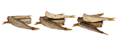 Set with smoked sprats isolated on whiteの写真素材