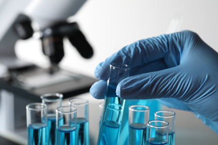 Scientist taking test tube with light blue liquid in laboratory, closeup