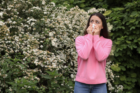 Woman suffering from seasonal pollen allergy near blossoming tree on spring dayの写真素材