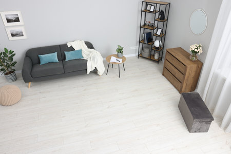 Stylish room with modern furniture, above view. Interior designの写真素材