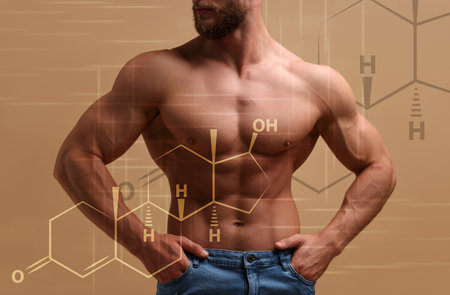 Muscular man and structural formula of testosterone on beige background, closeupの写真素材
