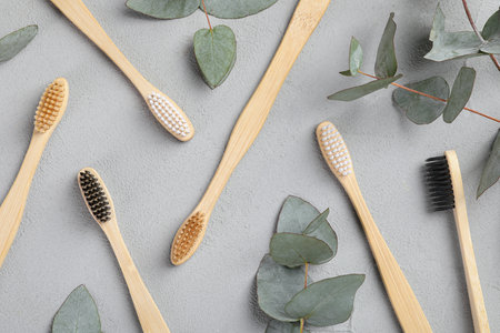 Many different bamboo toothbrushes and eucalyptus leaves on light gray table, flat layの写真素材