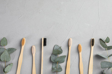 Many different bamboo toothbrushes and eucalyptus branches on light gray table, flat lay. Space for textの写真素材