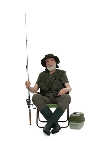 Fisherman with rod and tackle box on chair on white background