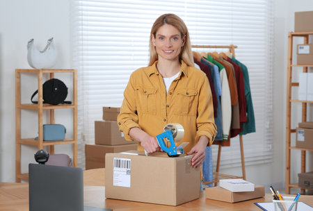 Seller tapping parcel at workplace. Online store