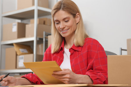 Seller with parcels working in office. Online store