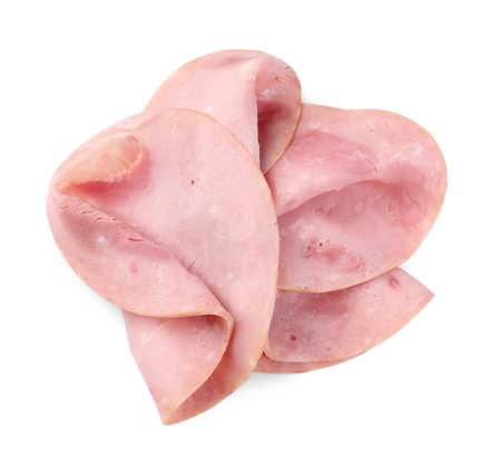 Slices of tasty ham isolated on white, top viewの写真素材