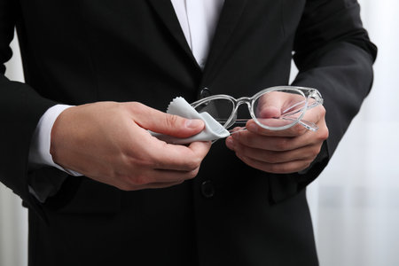 Man wiping glasses with microfiber cloth indoors, closeupの写真素材