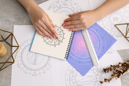 Astrologer using zodiac wheel for fate forecast at table, top view. Fortune tellingの写真素材