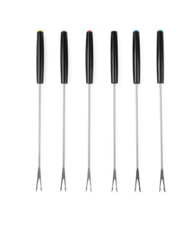 Set of fondue forks isolated on white, top view. Kitchen equipmentの写真素材