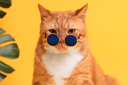 Portrait of cute ginger cat in stylish sunglasses on yellow backgroundの写真素材