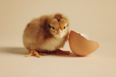 Cute chick and piece of eggshell on beige background, closeup. Baby animalの写真素材