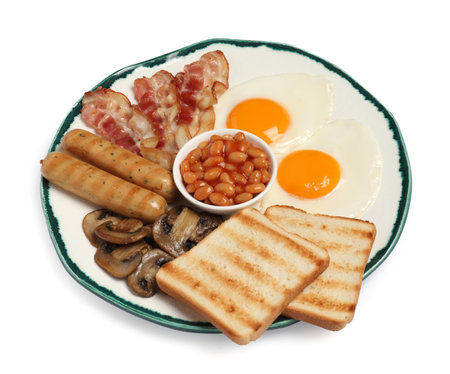 Plate with fried eggs, sausages, mushrooms, beans, bacon and toasts isolated on white. Traditional English breakfastの写真素材