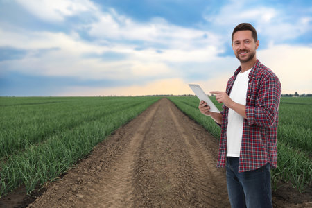 Farmer with tablet computer in field. Harvesting seasonの写真素材